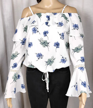 Floral Blouson Blouse Cold Shoulder Bell Sleeve Boho Lightweight Festival S